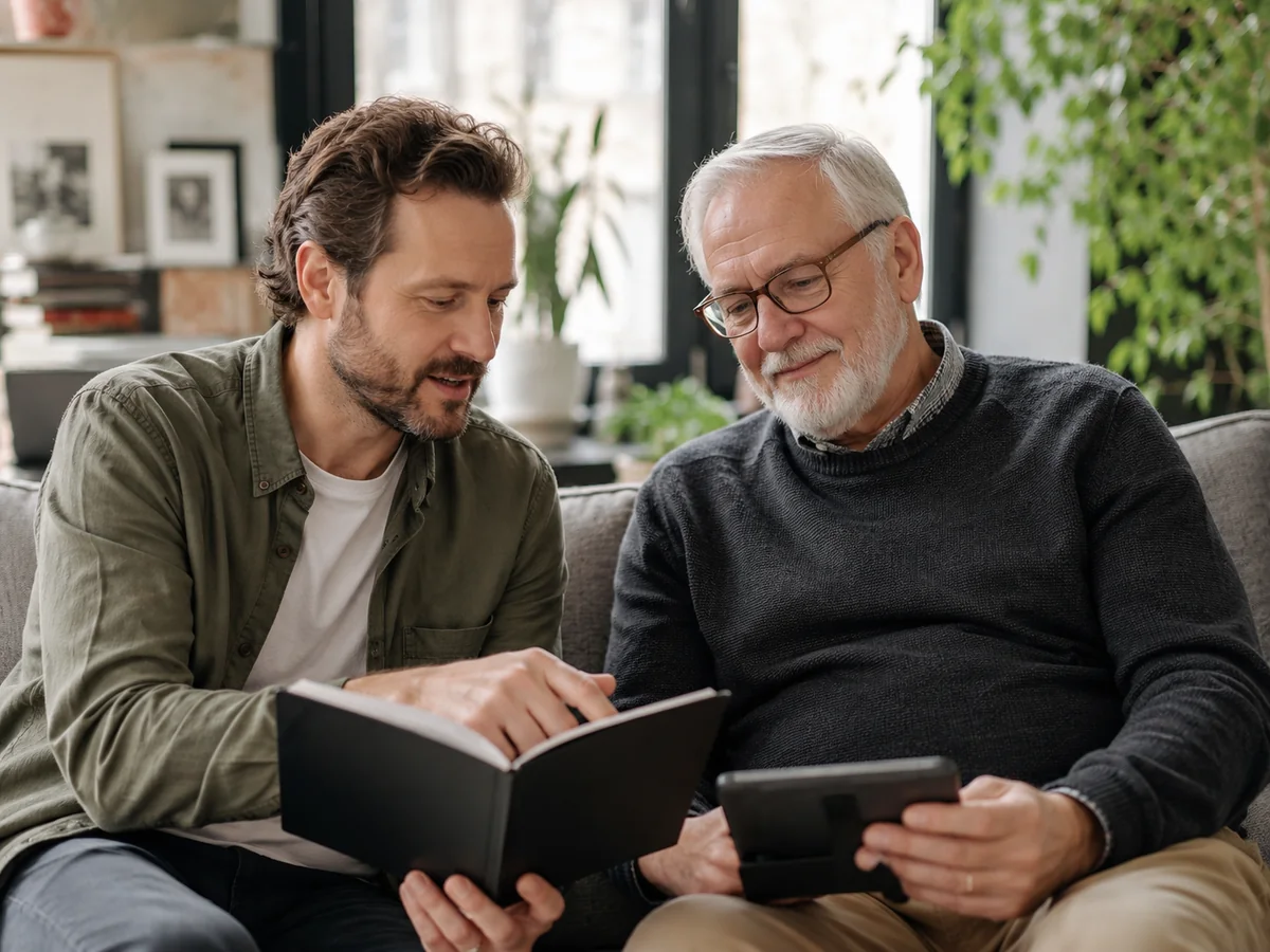 Guide and senior man reviewing information together