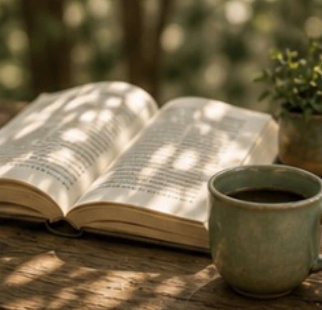 An open book and a sage-green mug catching dappled sunlight on a wooden table — a quiet moment of presence and story