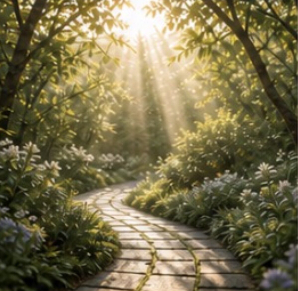 A sunlit garden path curving gently between flowers — light breaking through the canopy