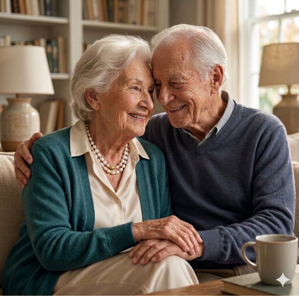 A long-married couple sitting close on a sofa in their home, foreheads touching, smiling quietly — a lifetime of partnership, held in this moment
