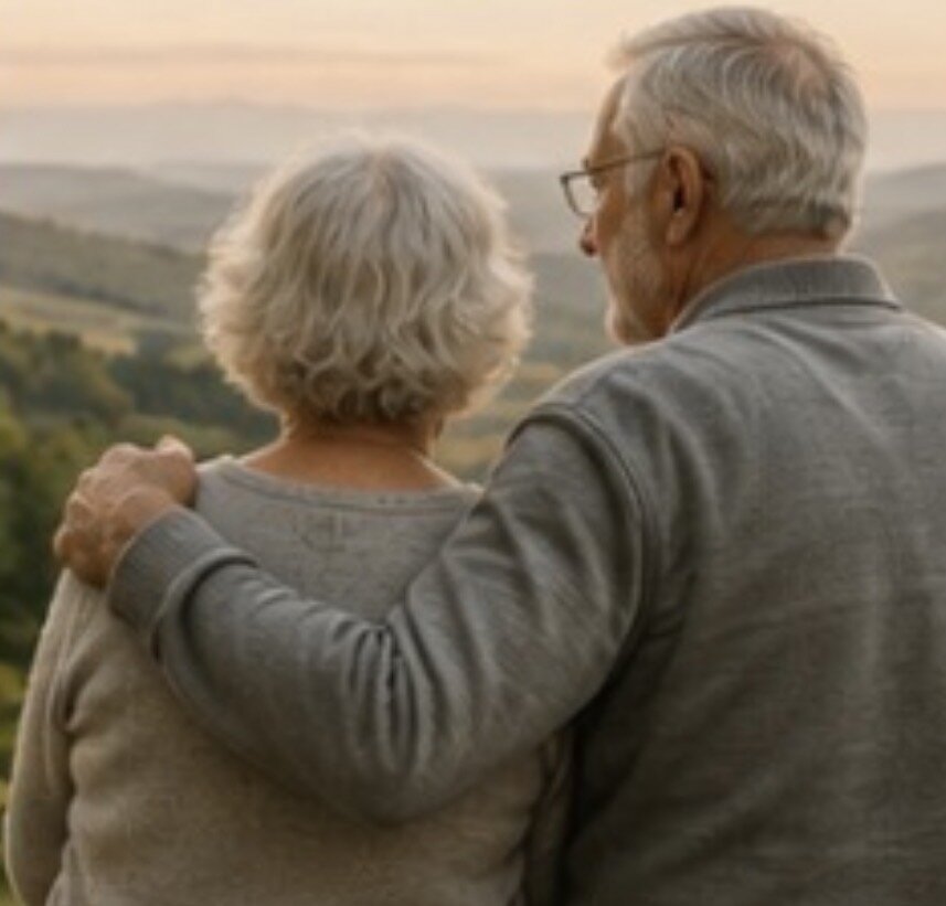 A senior couple standing together, his arm around her, looking out across rolling hills at twilight — contemplating the chapter ahead