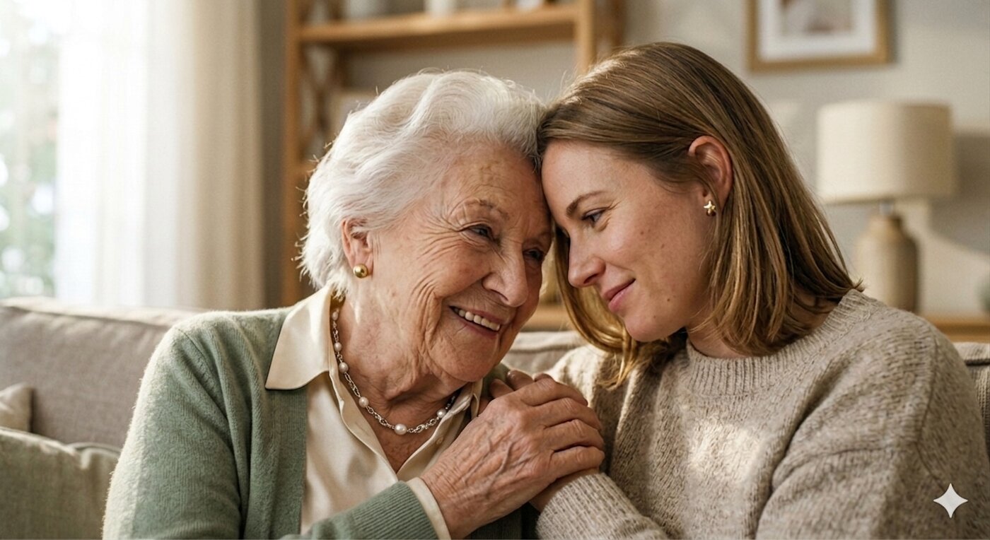 An older mother in a sage cardigan leans her forehead gently against her adult daughter's, eyes soft and smiling — a moment of love and trust between generations