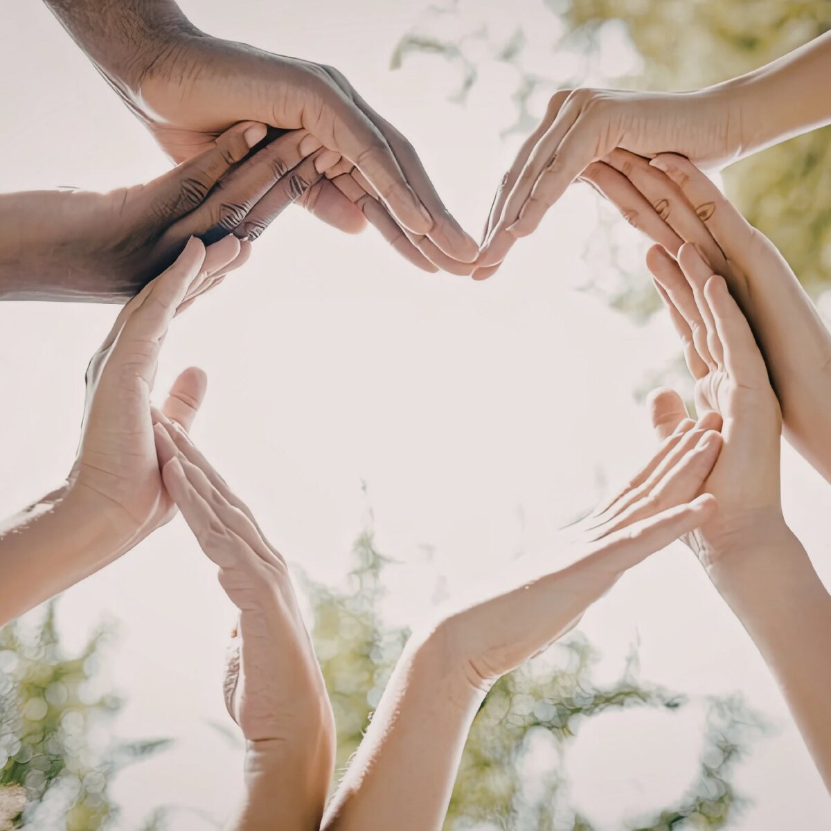 Many hands joined into the shape of a heart, framed by living green leaves — the heart of a connected ecosystem of care